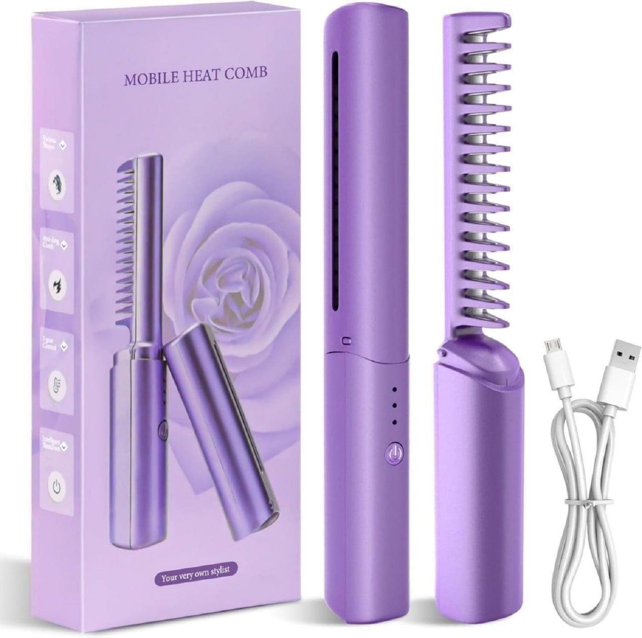 Rechargeable Mini Hair Straightener Comb Brush, Travel Portable USB Charging Cordless Hair Straightener Brush, Three Temperature Adjustments Flat Iron Comb, Lavender