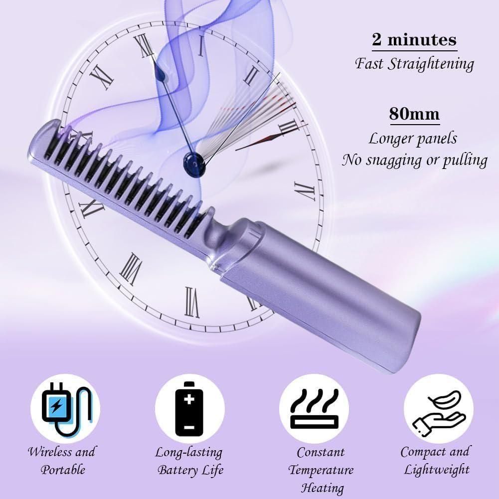 Rechargeable Mini Hair Straightener Comb Brush, Travel Portable USB Charging Cordless Hair Straightener Brush, Three Temperature Adjustments Flat Iron Comb, Lavender