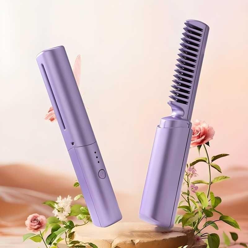 Rechargeable Mini Hair Straightener Comb Brush, Travel Portable USB Charging Cordless Hair Straightener Brush, Three Temperature Adjustments Flat Iron Comb, Lavender