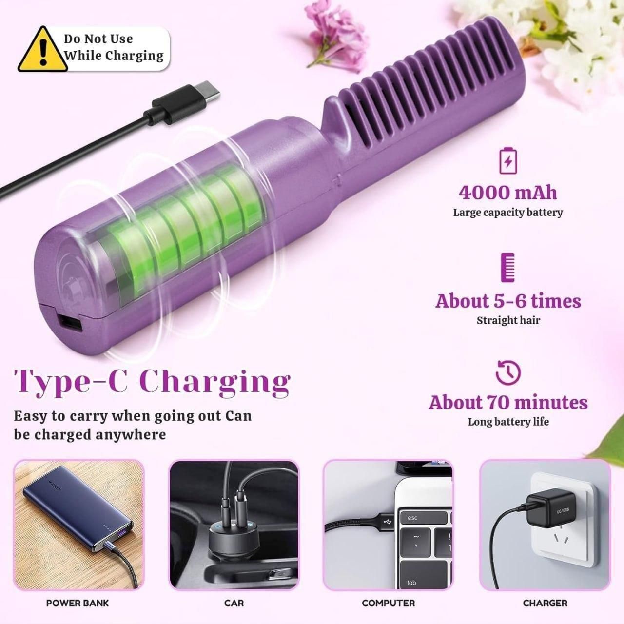 Rechargeable Mini Hair Straightener Comb Brush, Travel Portable USB Charging Cordless Hair Straightener Brush, Three Temperature Adjustments Flat Iron Comb, Lavender